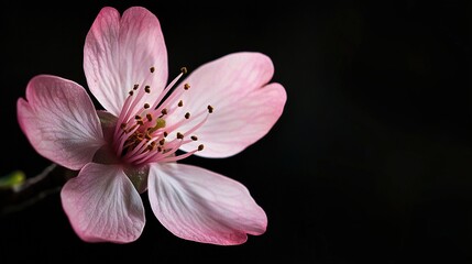   Close-up of a pink flower against a black backdrop with a fuzzy image of the flower's heart