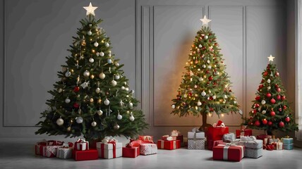 Elegant Christmas Tree with Golden Decorations in Cozy Living Room. Generated AI