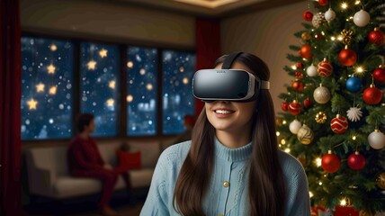 Excited Woman Experiencing Virtual Reality in Christmas Decorated Living Room. Generated AI