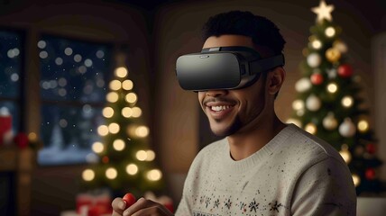 Smiling Man Enjoying Virtual Reality Experience at Festive Christmas Party. Generated AI