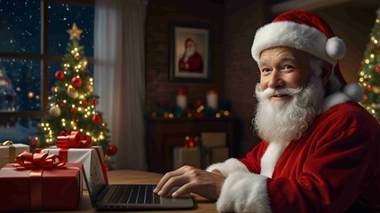 Santa Claus Wrapping Christmas Gifts in Cozy Festive Workshop. Generated AI