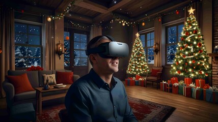 Smiling Man Enjoying Virtual Reality Experience at Festive Christmas Party. Generated AI