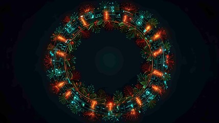 Futuristic Christmas Wreath with Digital and Festive Elements. Generated AI