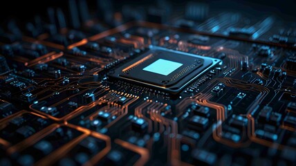 Futuristic Microchip on Advanced Circuit Board with Neon Glow. Generated AI