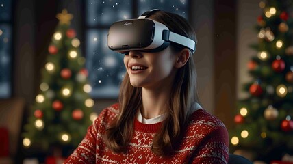 Excited Woman Experiencing Virtual Reality in Christmas Decorated Living Room. Generated AI