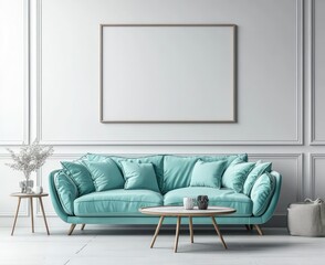 Polished living room visual, blue sofa, dark wood table, frame mock-up.
