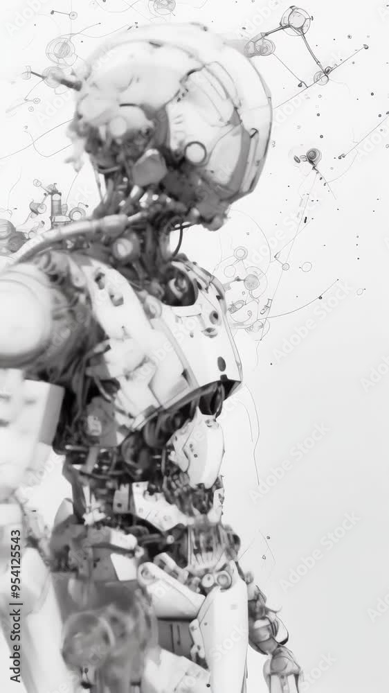 Poster Monochromatic artistic rendering of a humanoid robot with intricate mechanical details. Representation of art and futuristic technology.