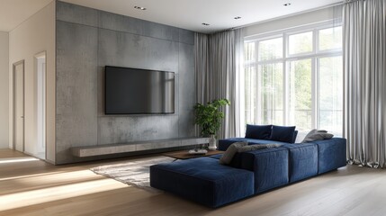 Contemporary living with a blue couch, minimalist concrete wall, and wood flooring.