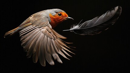 Obraz premium Flying bird with feather in mouth and spread wings