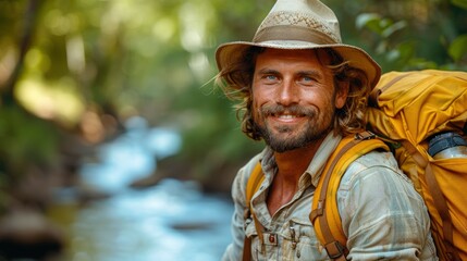 Obraz premium Happy Male Backpacker Smiling In Forest