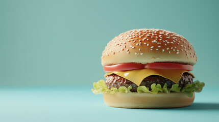 Fresh hot delicious burger. Juicy cheeseburger with pork and bacon. Beef burger with tomatoes, red onion, cucumber, sauce and salad. Unhealthy food. Place for text. generation AI