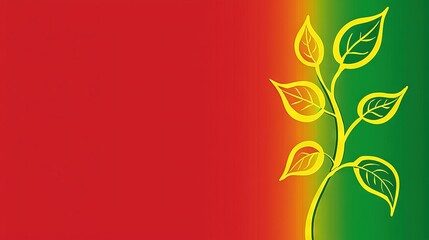  Red, green, and yellow background with leafy plant on left and red and yellow stripe on right