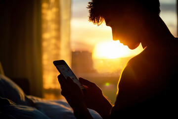 Silhouette of a young man using his cellphone to read and text on a social media mobile app.