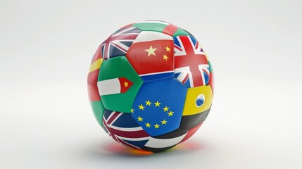 Obraz premium A colorful soccer ball covered with various national flags from around the world. This image represents international unity through sports. Ideal for global sports themes. AI
