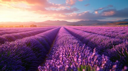 Obraz premium A vast expanse of vibrant lavender blooms under the golden glow of the distant sun, framed by majestic mountains
