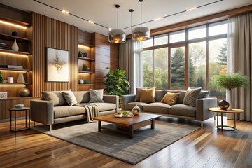 Fototapeta premium Highly detailed, photorealistic 3D rendering of a modern living room with sleek, minimalist furniture, warm wood