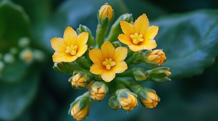   A yellow flower in focus against a green leaf background and a blurred foreground of leaves