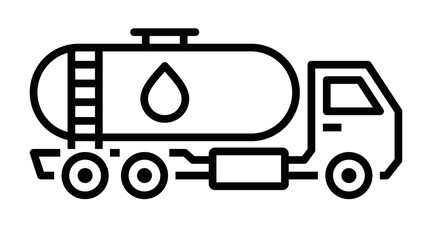 Black and white line icon of a fuel tanker truck, representing transportation, fuel delivery, and logistics. Vector illustration. Editable stroke.
