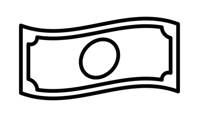Minimalist black and white line icon of a dollar bill, symbolizing money, finance, and currency. Vector illustration. Editable stroke.