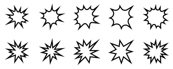 Set of eight black and white line icons of explosions, representing comic book effects, action, and impact. Vector illustration. Editable stroke.