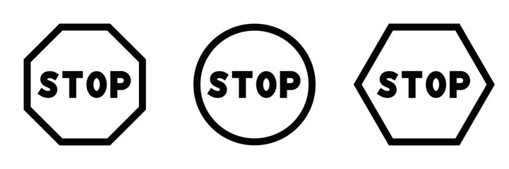 Set of three black and white line icons of stop signs in various shapes, representing road safety and traffic control. Vector illustration. Editable stroke.
