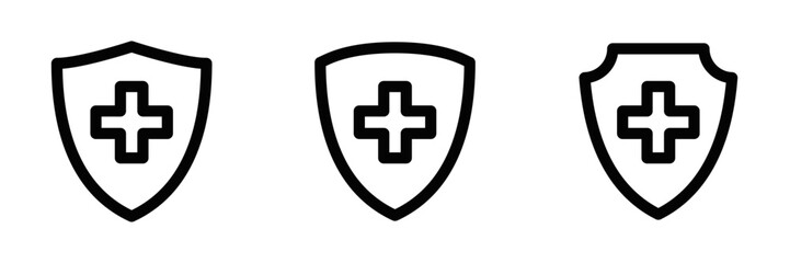 Set of three black and white line icons of shields with medical crosses, representing health, protection, and safety. Vector illustration. Editable stroke.