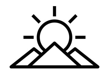 Simple black and white line icon of a sunrise over mountains, symbolizing nature, beginnings, and hope. Vector illustration. Editable stroke.