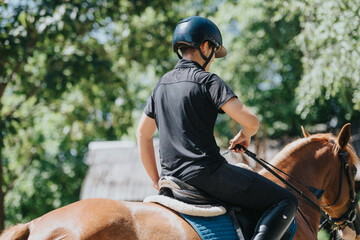 Man enjoying an outdoor horseback ride on a sunny day, with trees in the background, dressed in...