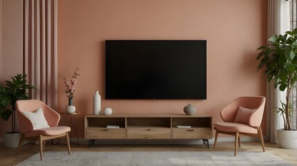 Mockup a TV wall mounted in pastel tone peach fuzz color wall- 3D rendering