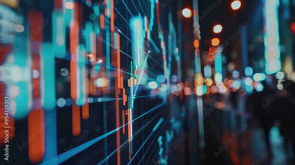 Poster a close-up of a digital display screen showing colorful lines and data with a blurry background of c