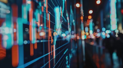 A close-up of a digital display screen showing colorful lines and data with a blurry background of city lights at night.