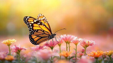 Obraz premium Close-up of butterfly on pink and yellow flowers in foreground against a yellow background