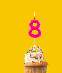 Pink candle and cupcake birthday card - Number 8