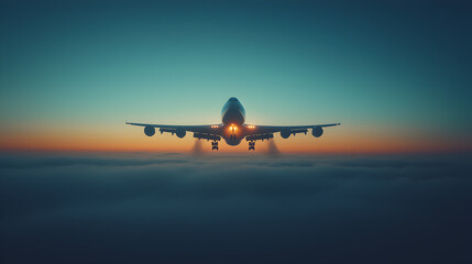 Naklejka premium Airplane ascending into the sky at dusk, silhouetted against a vibrant sunset. 