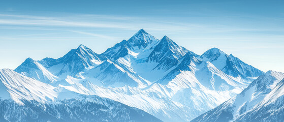 Fototapeta premium Snowcapped mountains under a clear blue sky, winter weather, cold and majestic