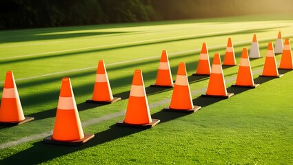 Brightly colored traffic cones positioned on a grassy area, their shadows stretching across the ground. GENERATIVE AI