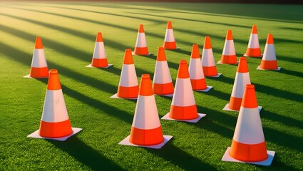 A row of traffic cones placed on green grass, casting distinct shadows under bright sunlight. GENERATIVE AI
