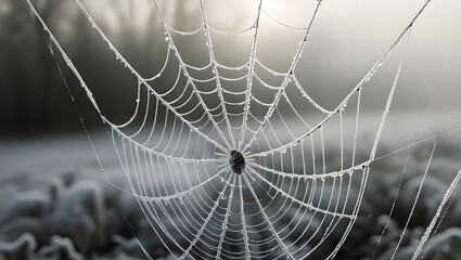 A delicate spider web glistens with frost, intricately woven across a serene field, showcasing nature's artistry.   
GENERATIVE AI