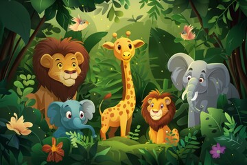 Naklejka premium Adorable safari animals like lions, elephants, and giraffes, in a lush jungle setting 