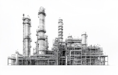 Obraz premium Black and white image of an industrial petrochemical plant against a white background. 