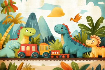 cute illustration of Happy dinosaurs playing with toy trains and cars in a playful, prehistoric world 