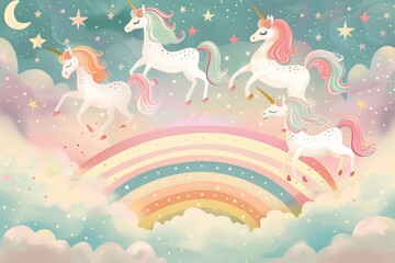 Obraz premium cute illustration of Magical unicorns prancing in a field of rainbows and stars, with soft pastel tones, for children 