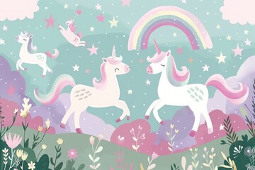 cute illustration of Magical unicorns prancing in a field of rainbows and stars, with soft pastel tones, for children -
