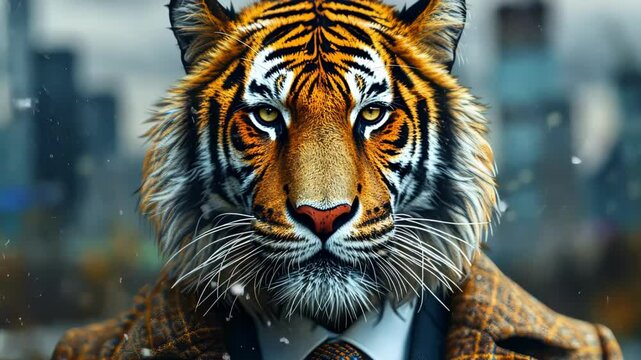 Tiger in a suit in an urban environment, surreal animal portrait concept