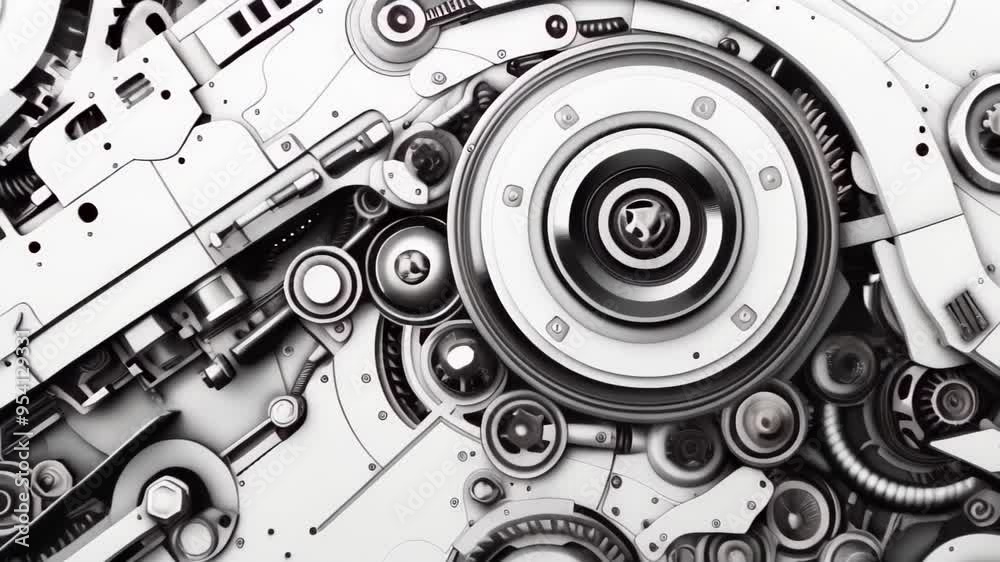 Aufkleber Close-up of intricate mechanical gears and components in monochrome. Concept of robotics, engineering, and industrial machinery technology.