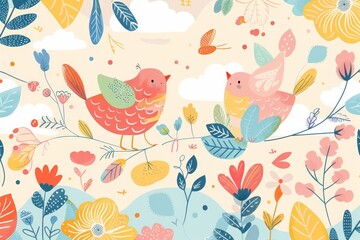 Naklejka premium The children's illustration style features colorful patterns with dreamy illustrations, creating an overall soft color scheme.
