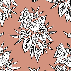 Seamless pattern with cute inky bird and flowers motifs. Hand drawn floral wallpaper