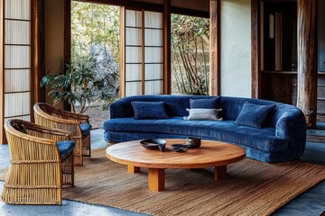 Zen Styled Living Room with Indigo Sofa and Wooden Coffee Table