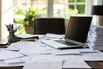 Fototapeta premium papers and laptop on office table