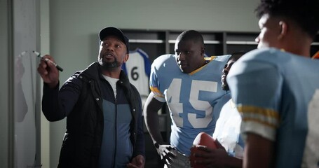 Man, football coach and whiteboard with team for game plan, strategy or discussion on formation in locker room. Male person, mentor or sports trainer talking to group for presentation on match ideas